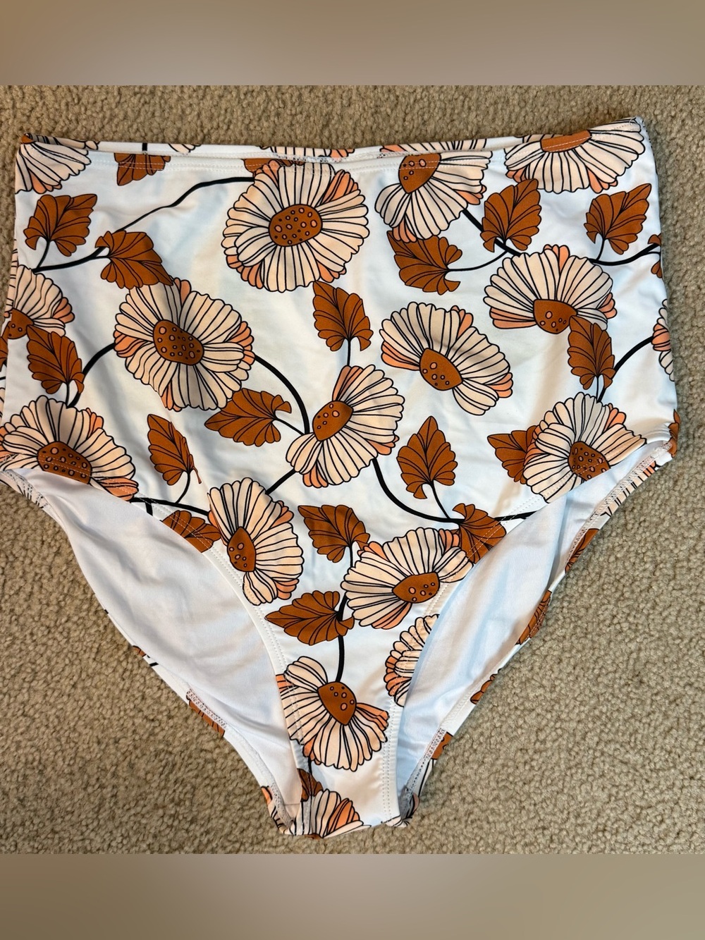 High-Waist Floral Bikini Bottoms in White and Brown
